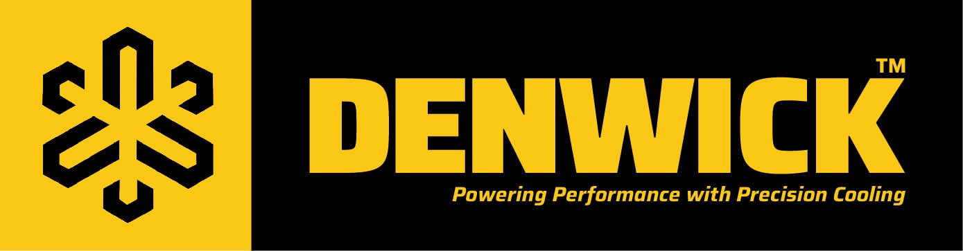 Denwick logo with a geometric icon and the slogan Powering Performance with Precision Cooling on a black background.