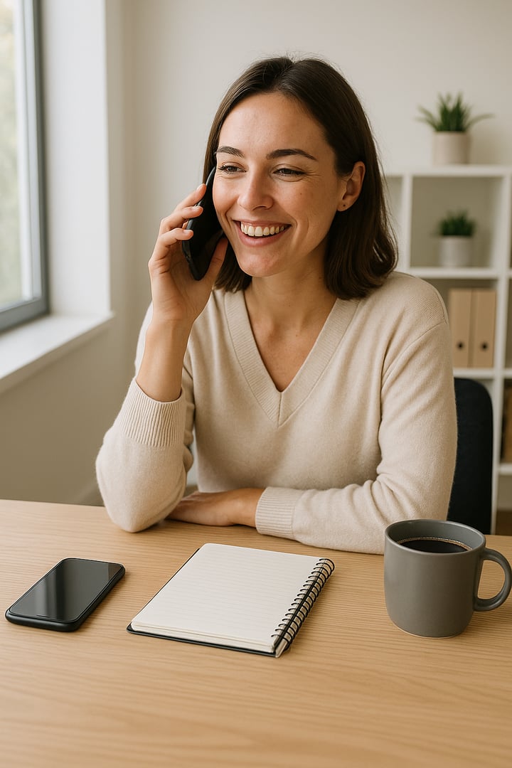 Smiling woman on phone at desk with notebook, phone, and mug. Shelves in background. Bright, airy room.