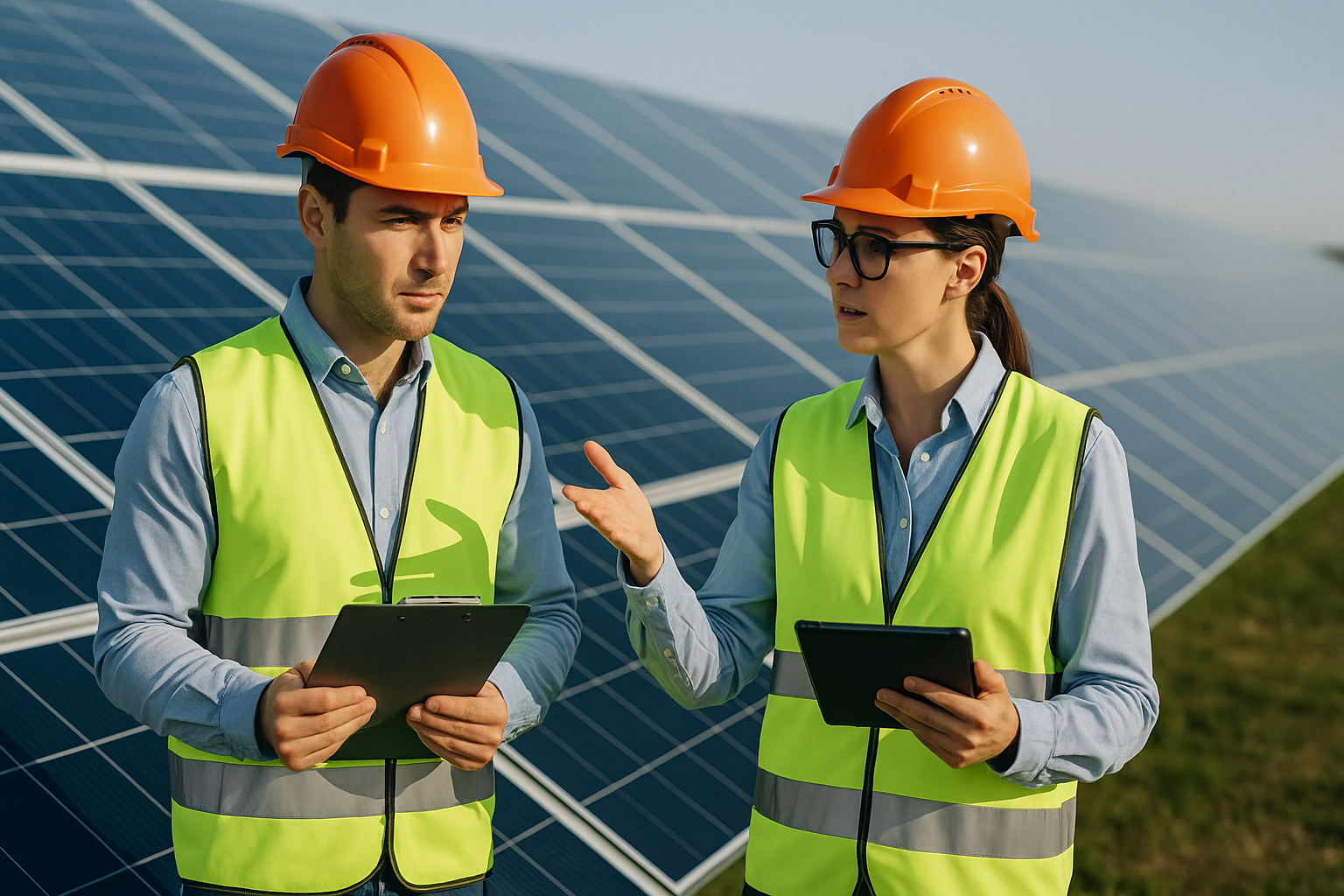 Engineer and technician inspects solar panel installation and test the operation of the panel