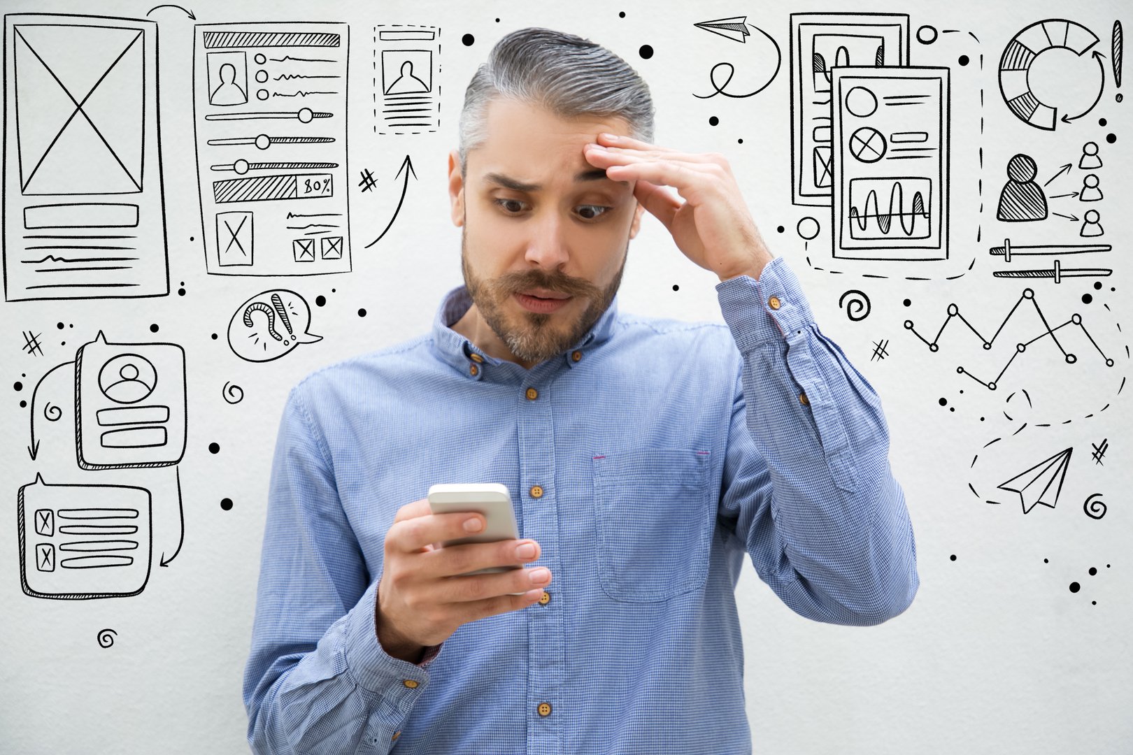 Hand drawn UI or UX pictures with confused young man with phone. Upset guy rubbing forehead. Technology and communication concept