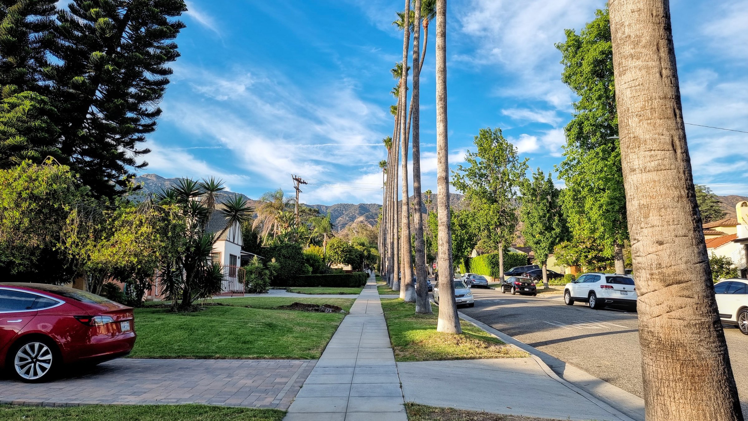 glendale, United States – August 24, 2025: An iconic view of a serene residential street in Glendale, California, with a long row of tall palm trees and the San Gabriel Mountains