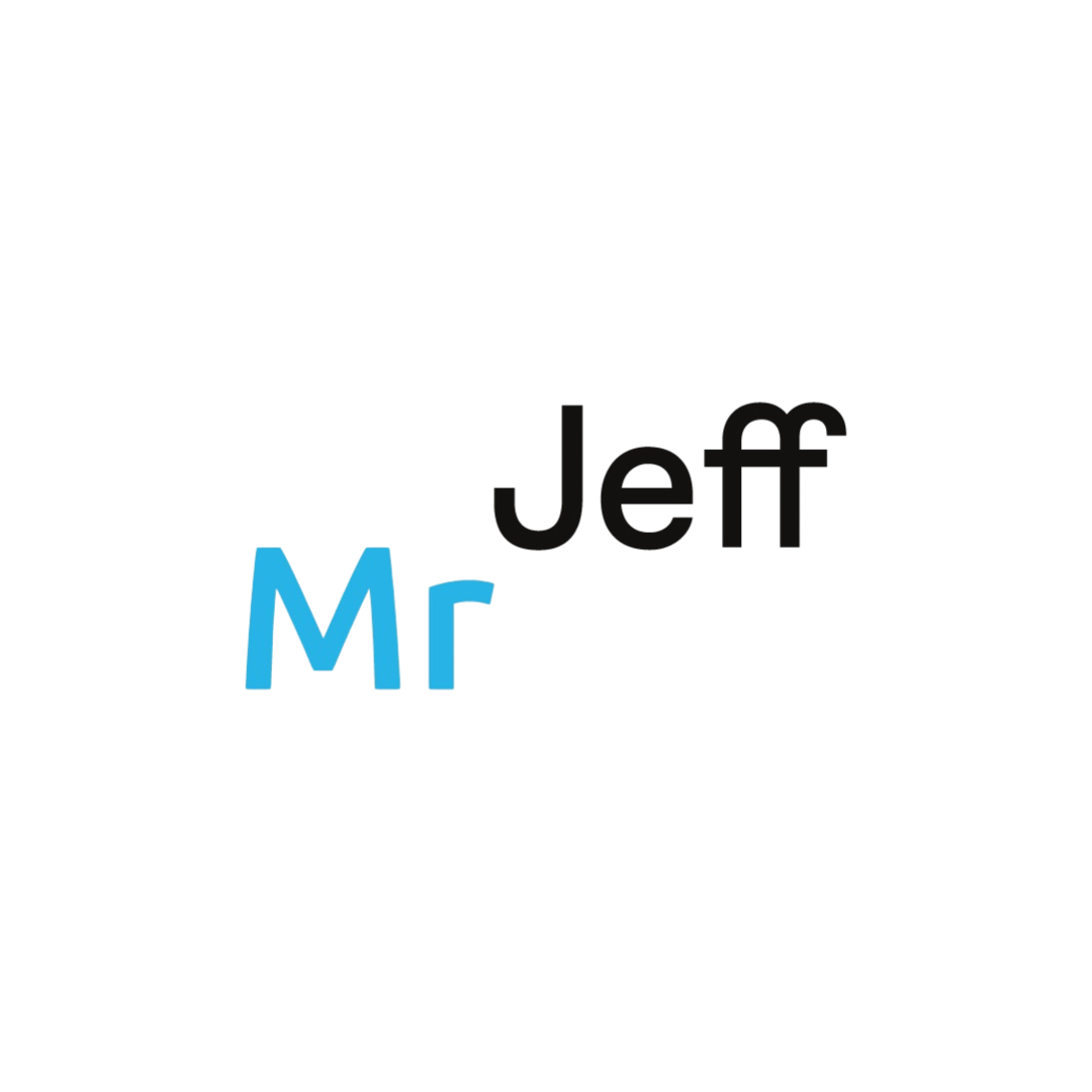 Mr Jeff logo with Mr in blue and Jeff in black on a white background.