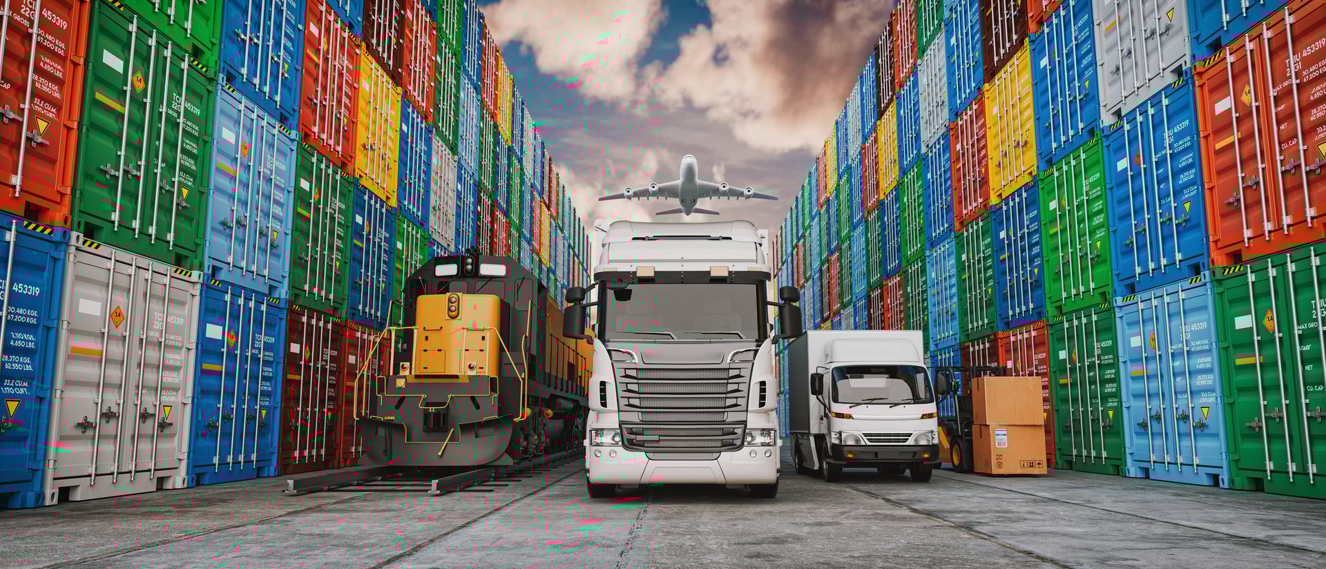 Integrated transportation system that uses vehicles including rail, road, air, and sea. 3d, rendering, illustration,