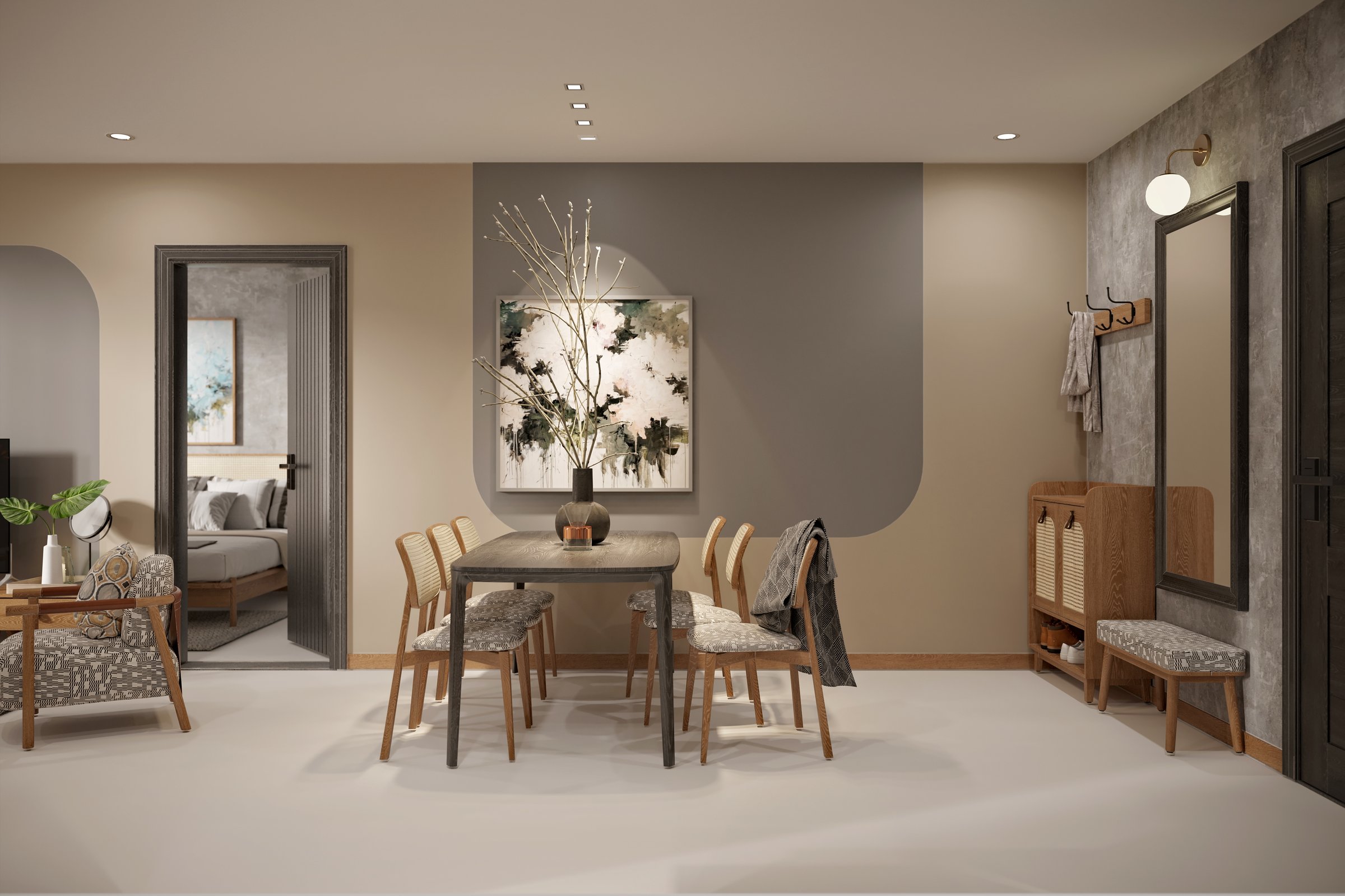 3d render of living room and dining space