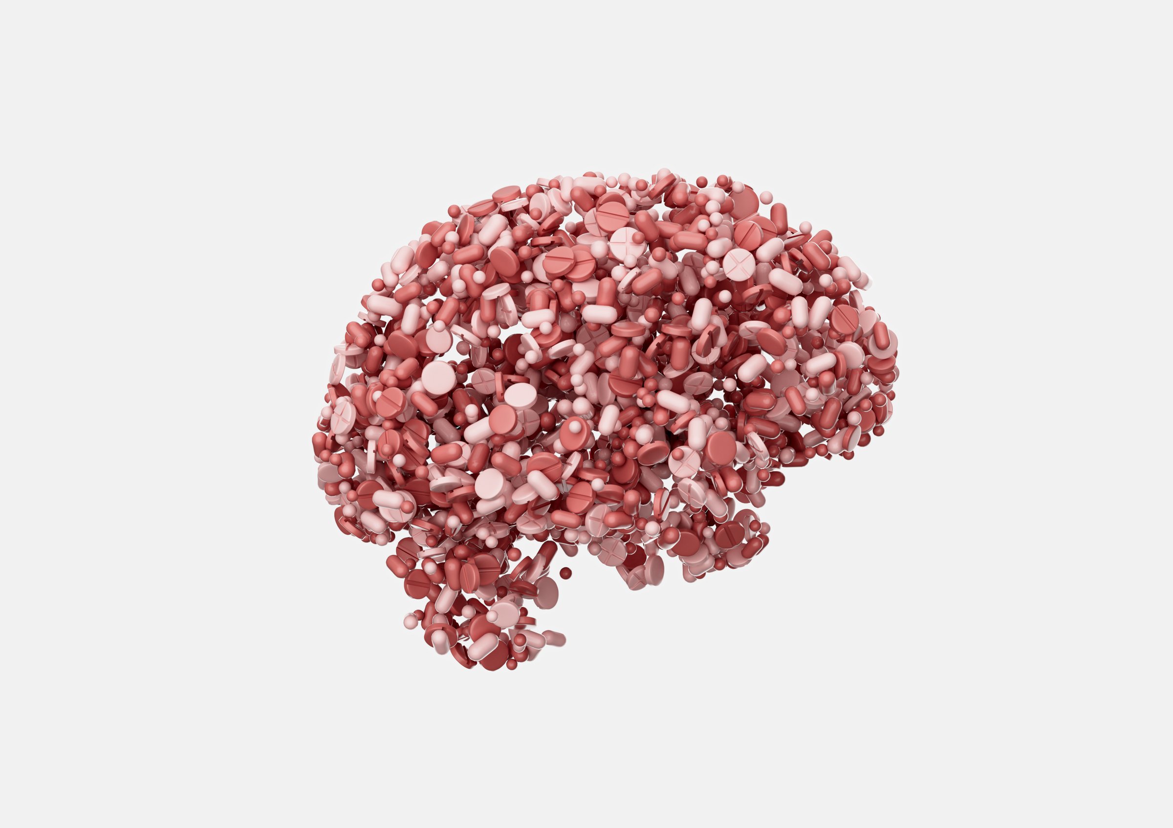 Human Brain Made From Pink And Red Pills Symbolizing Medication And Mental Health 3D Illustration
