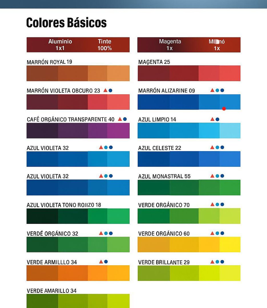 Color chart featuring various shades with names and color samples, including browns, blues, greens, and magenta.