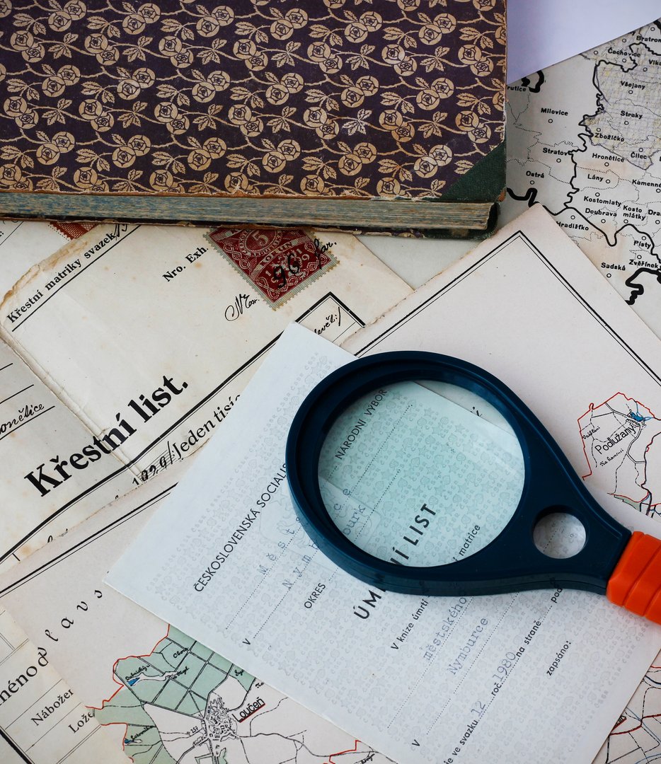 Old personal documents - birth and death certificate - written in Czech language used for genealogical research. Researching family tree concept. No sensitive personal data, only general