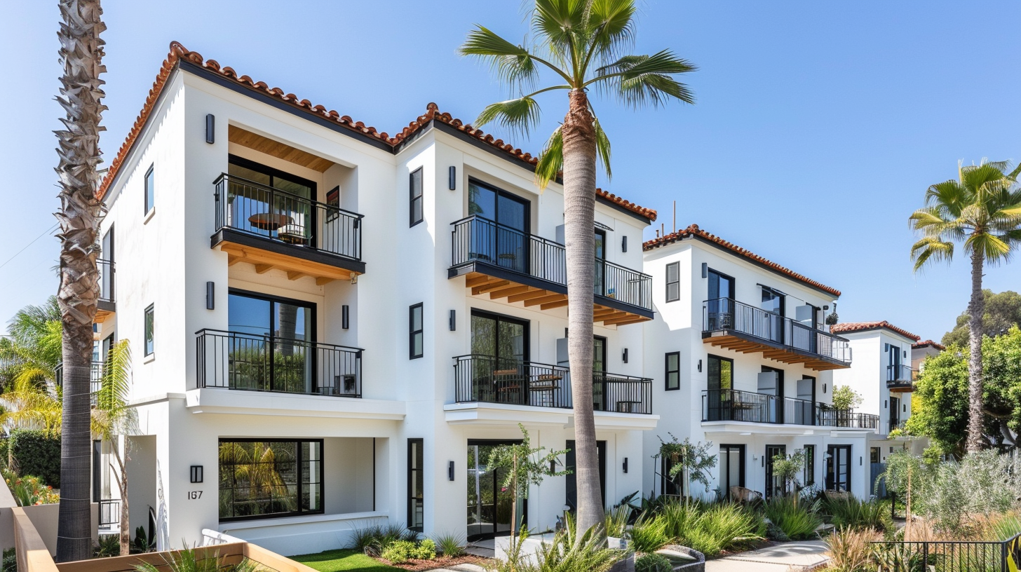 Modern three-story apartment building with balconies and palm trees in a sunny West Los Angeles neighborhood