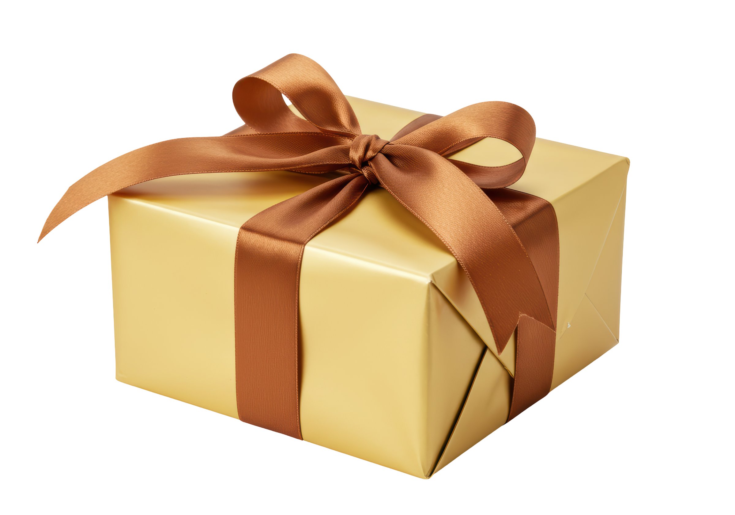 Isolated Gold Gift Wrapped with Brown Ribbon
