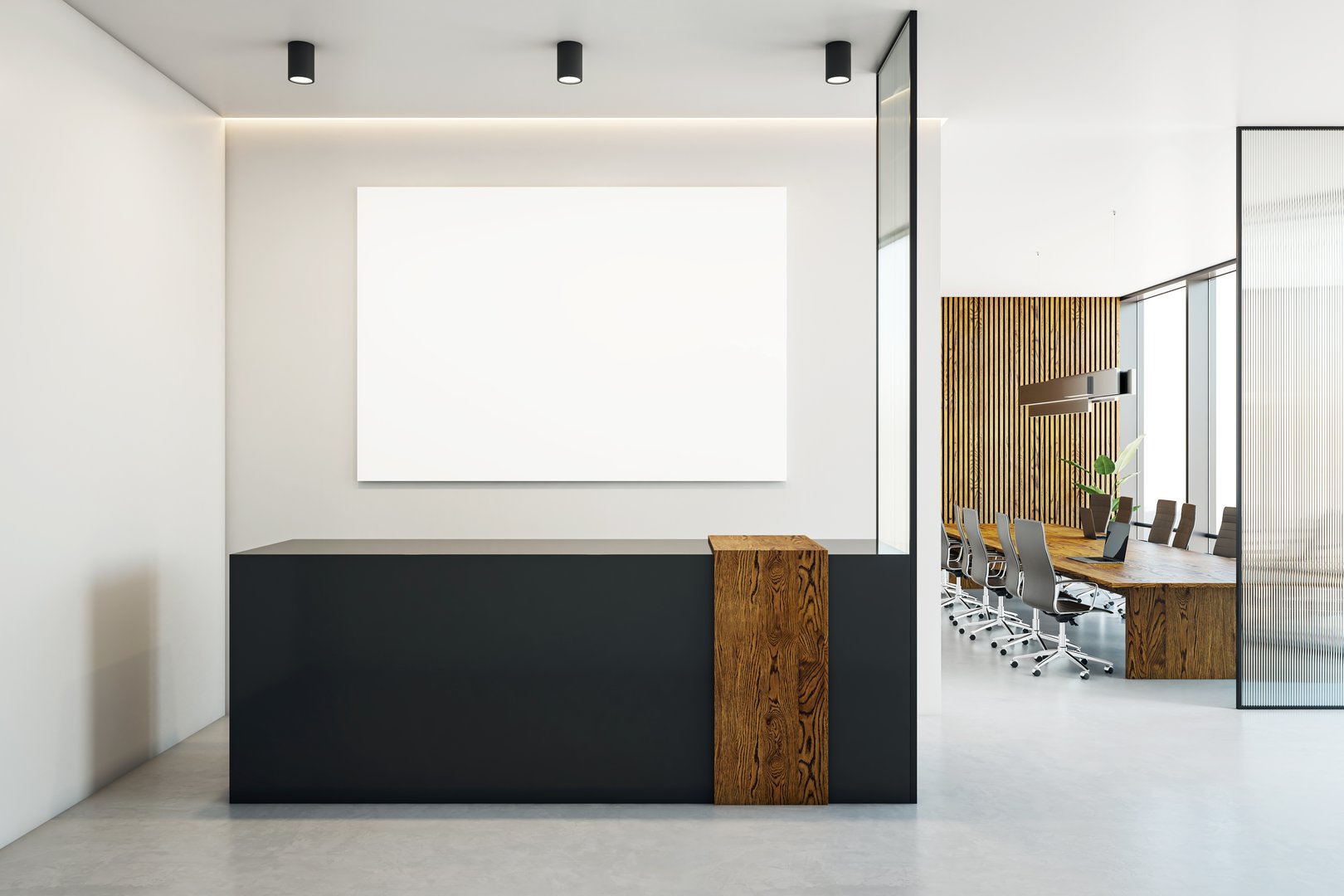 Modern reception interior with blank wall above black and wood desk, adjacent to a meeting room with wooden accents. Workplace branding concept. 3D Rendering.