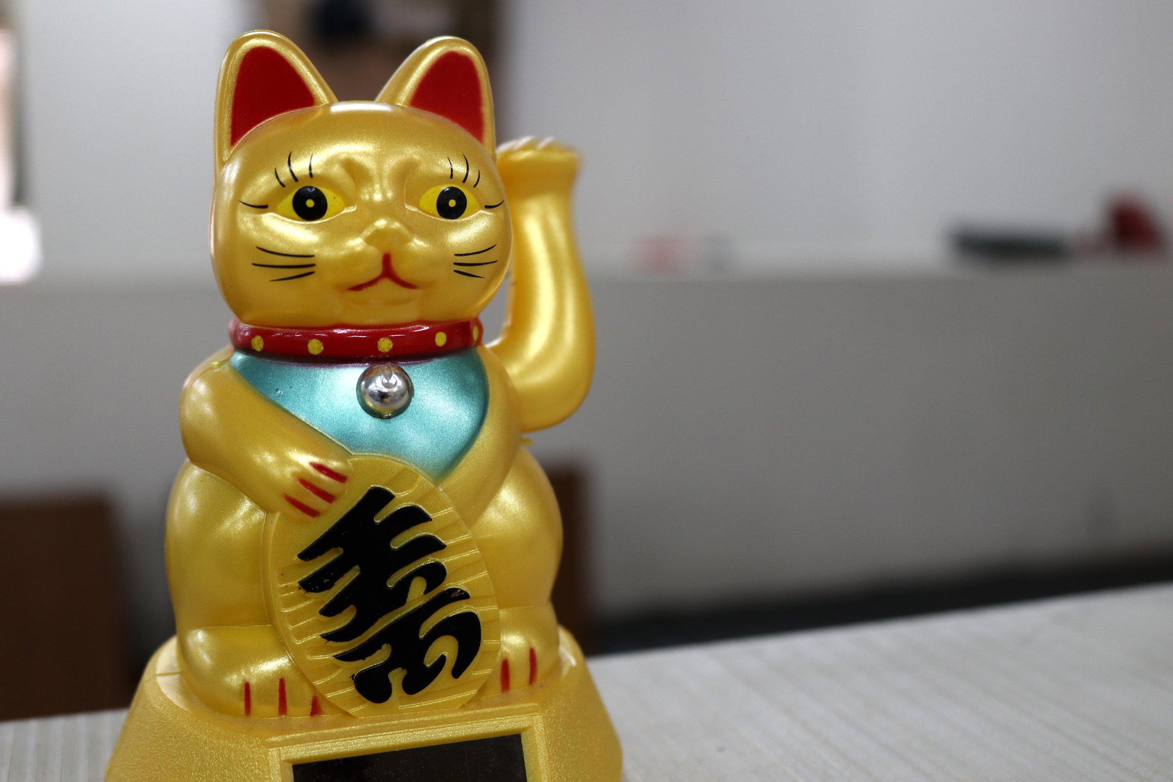 Photo of a cat doll, a symbol of good luck according to Japanese culture, this cat doll is called Maneki-neko