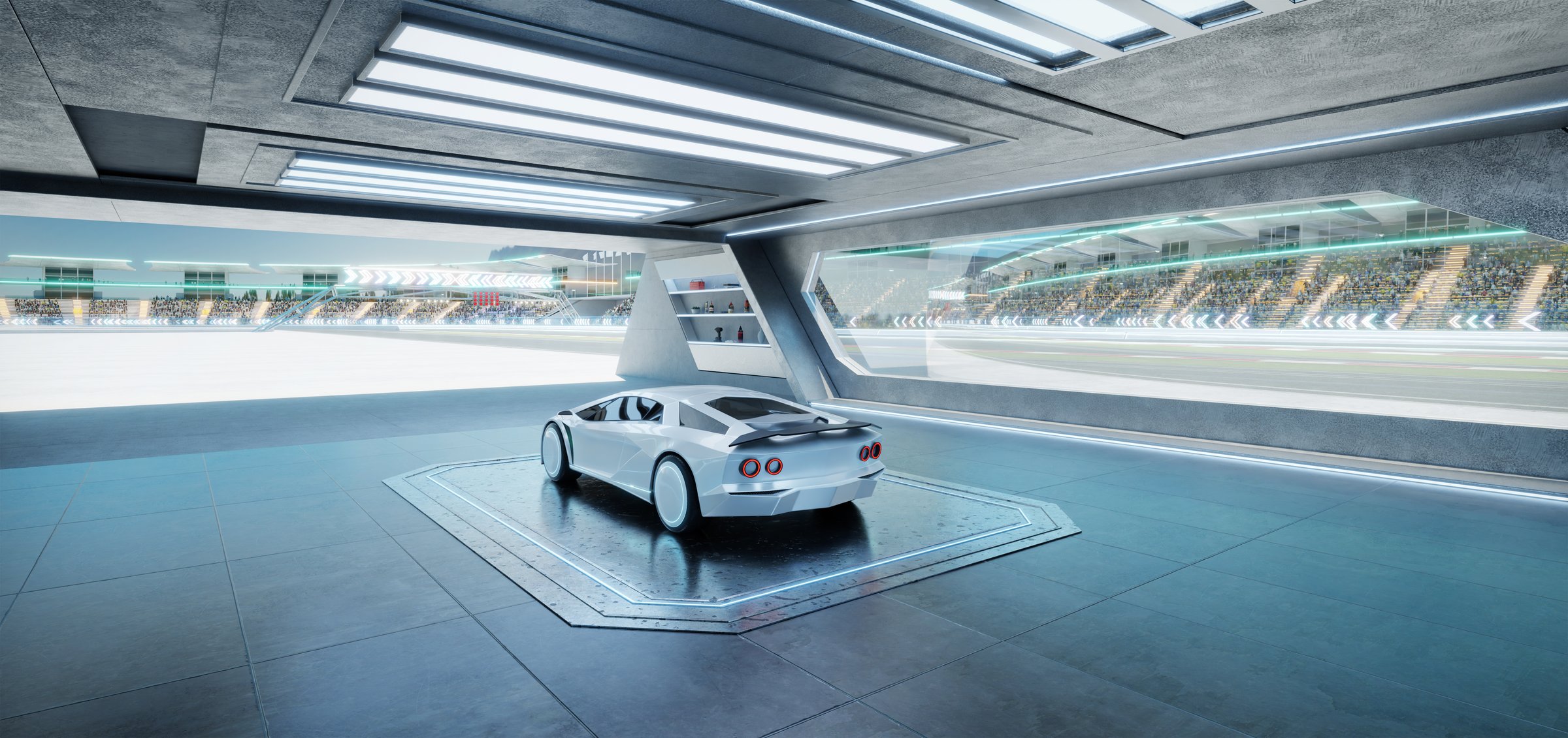 White futuristic racing car parked inside a modern garage overlooking a busy race track with spectators. 3D rendering