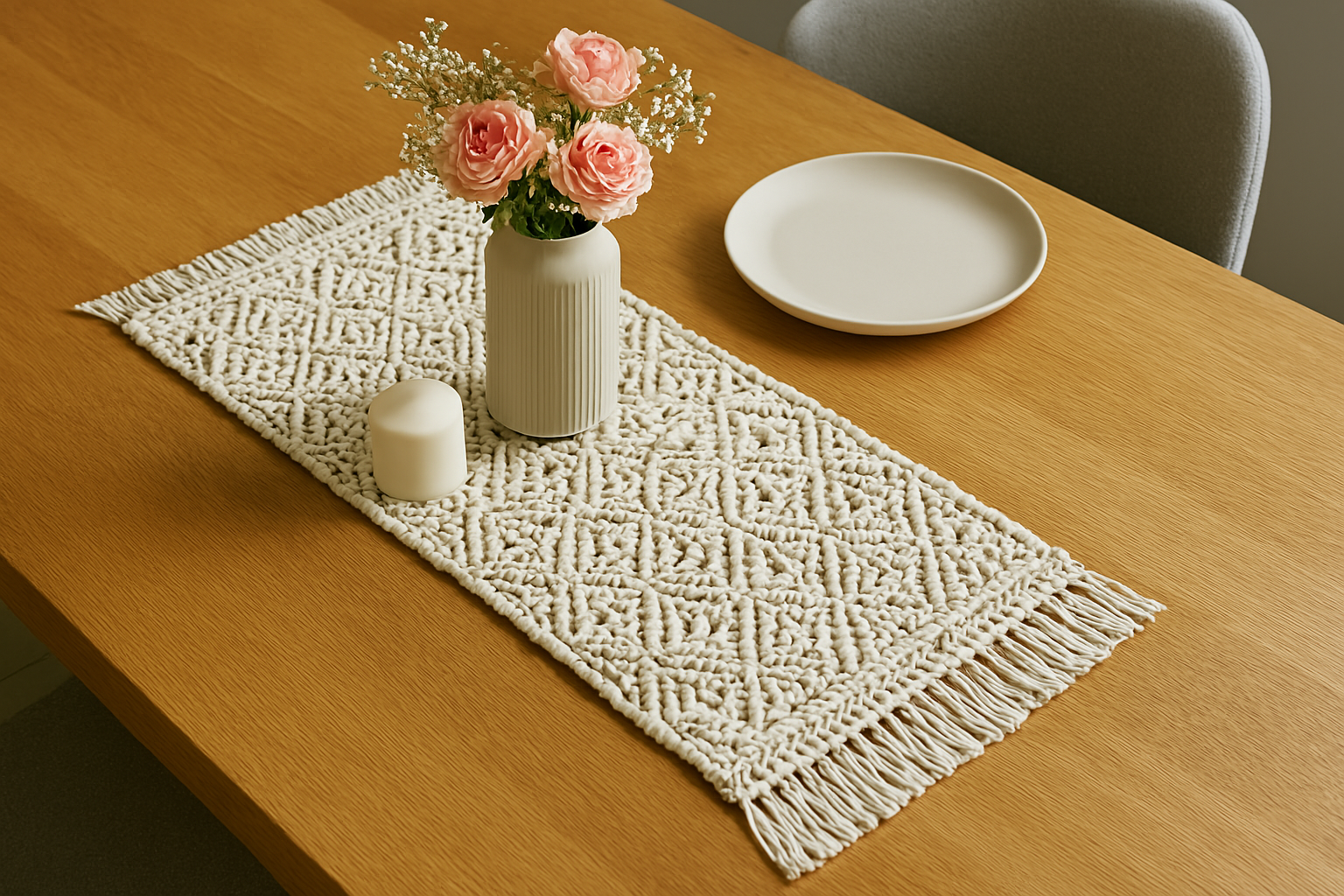 A wooden table with a macramé runner, a vase with pink flowers, a white plate, and a white candle.