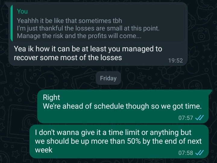 WhatsApp chat discussing financial matters, managing losses, and future recovery plans with a focus on improving profits.