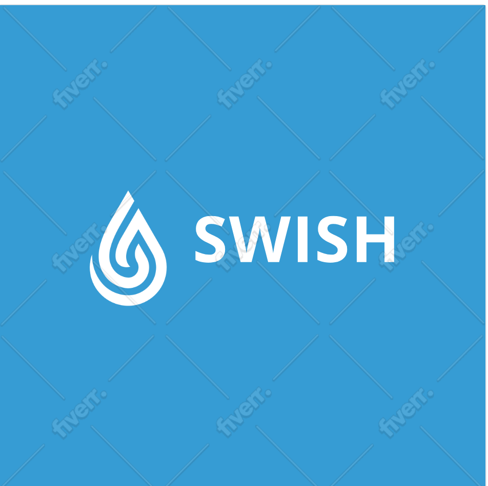 Blue logo with a white teardrop graphic and the word SWISH next to it, repeating fiverr watermark.