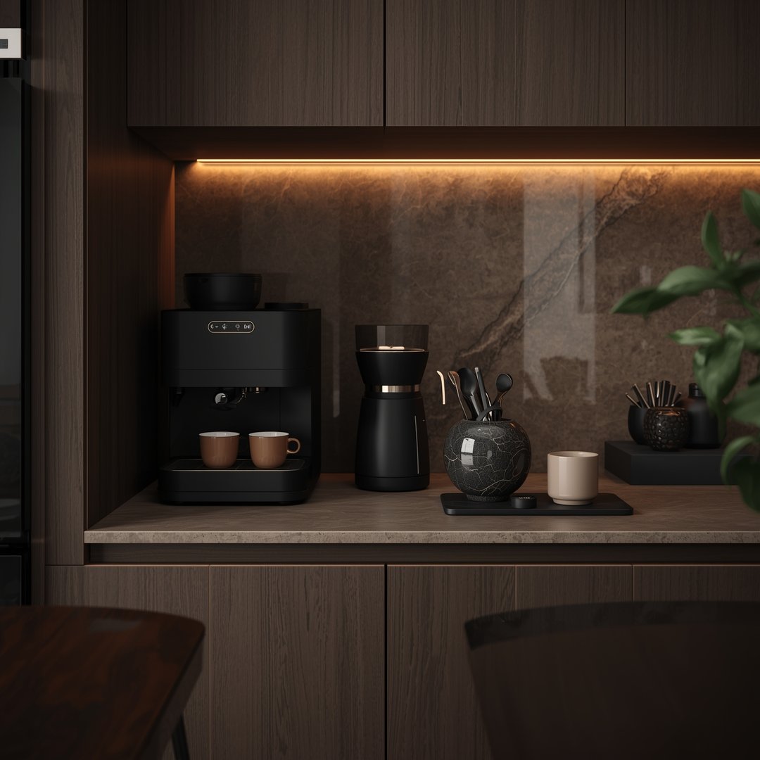 Kaffehjørne med mørke farger og luksus detaljer