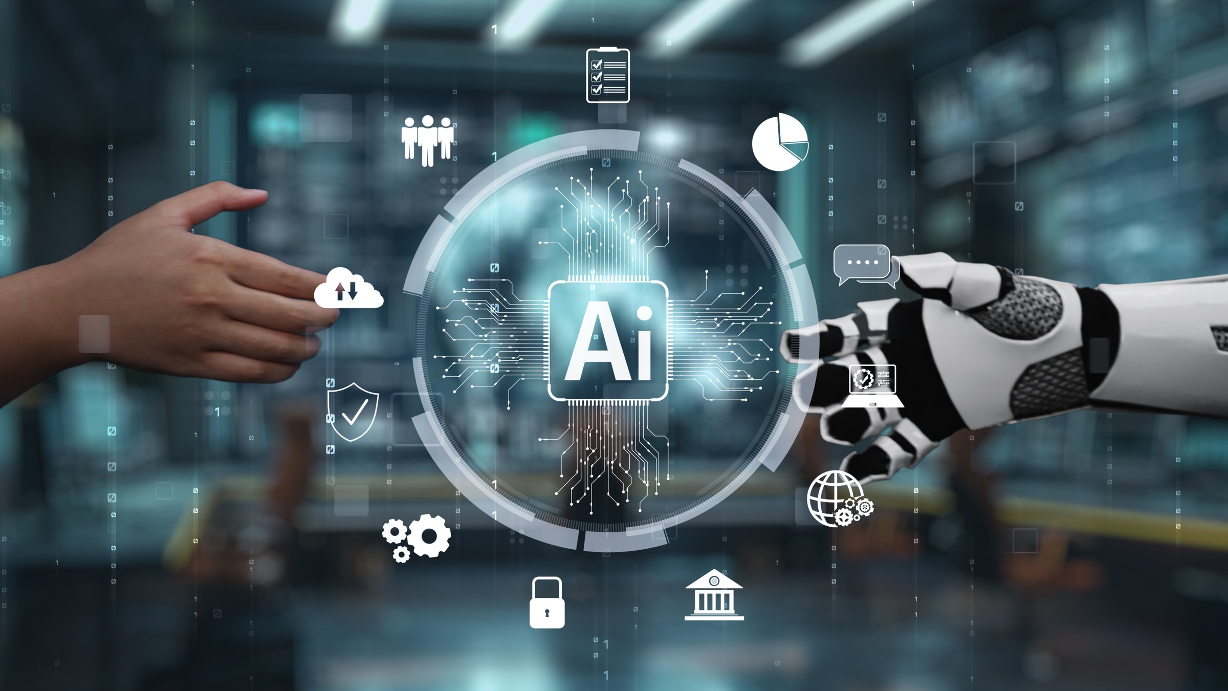 This image captures the moment of connection between a human hand and a robotic hand, illustrating the integration of technology and artificial intelligence in modern life. Auvana