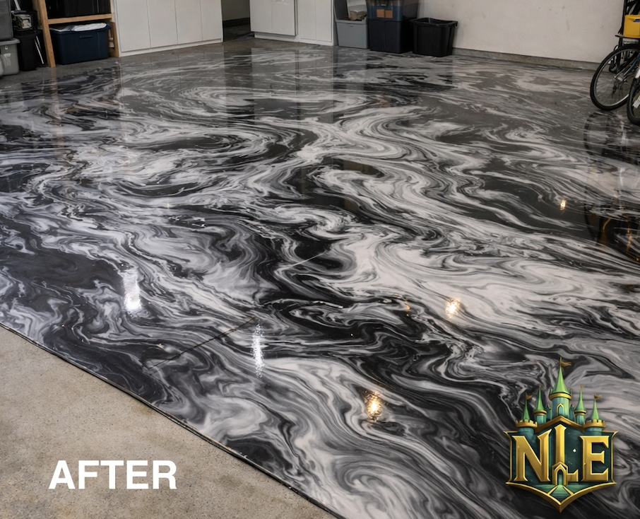 Beautiful marble epoxy finish in residential garage with Nex Level logo
