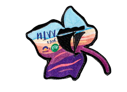 Colorful leaf illustration with text Jocs, DAOC, COX, featuring a sunset gradient and stylized water tower.