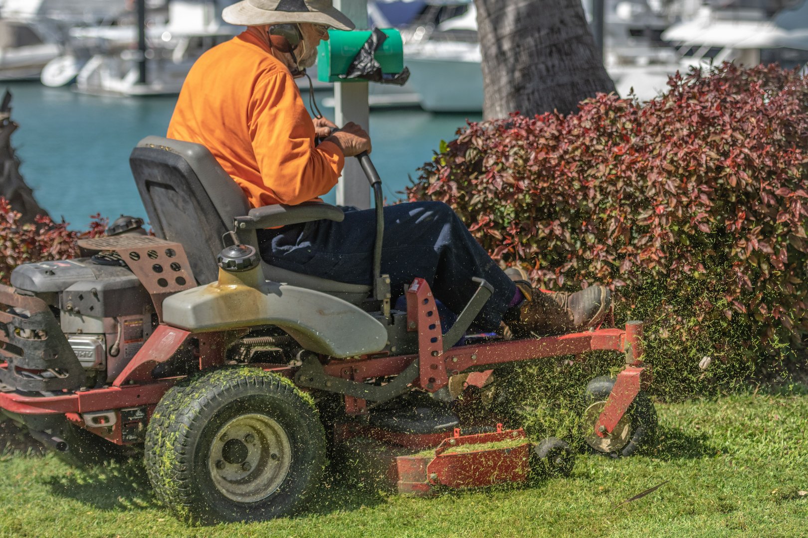 Man wearing orange top and beige hat, sitting on ride on mower cutting grass, Mackay Harbour, Australia, April 2019