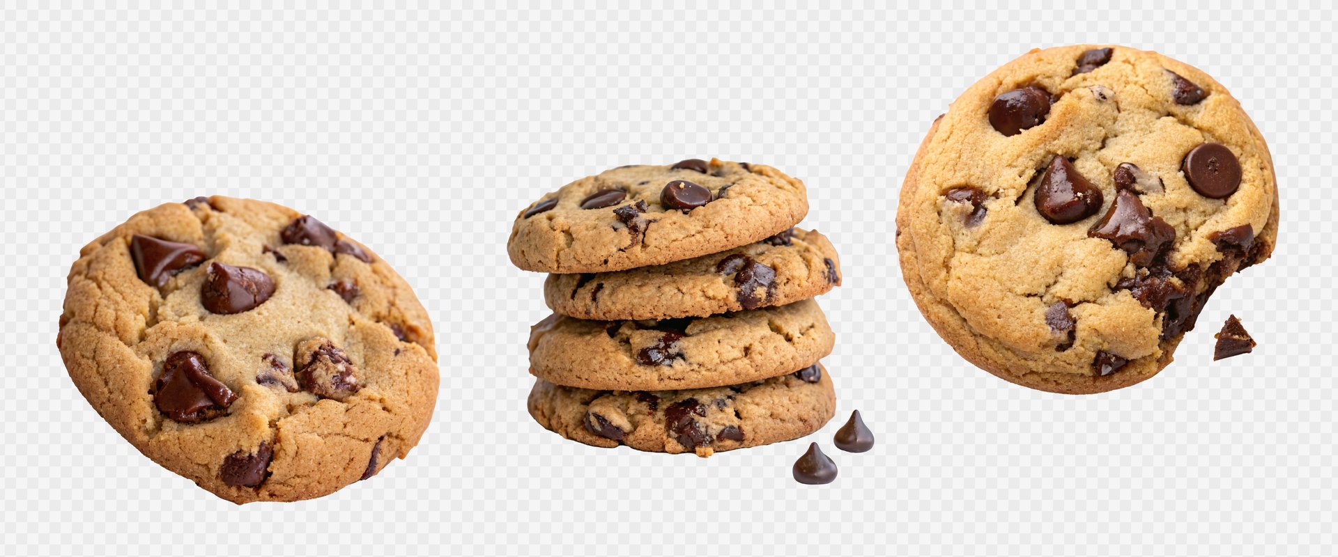 Three chocolate chip cookies, including a stack and a bitten one, on transparent background. Concept of homemade sweet treats