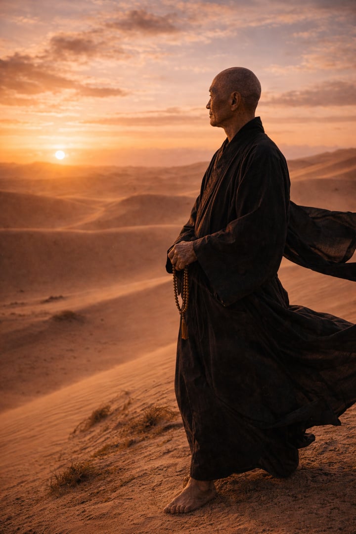 Monk sitting in candlelit room