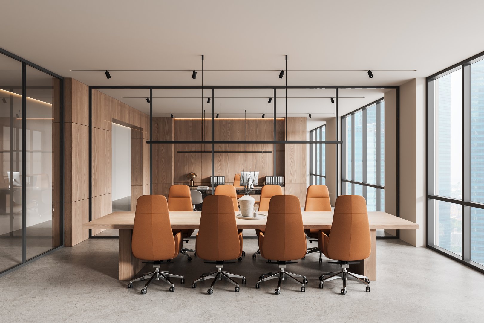 Contemporary office interior design featuring a spacious wooden conference table, brown chairs, and glass partitions, set against a backdrop of city skyscrapers. 3D Rendering.