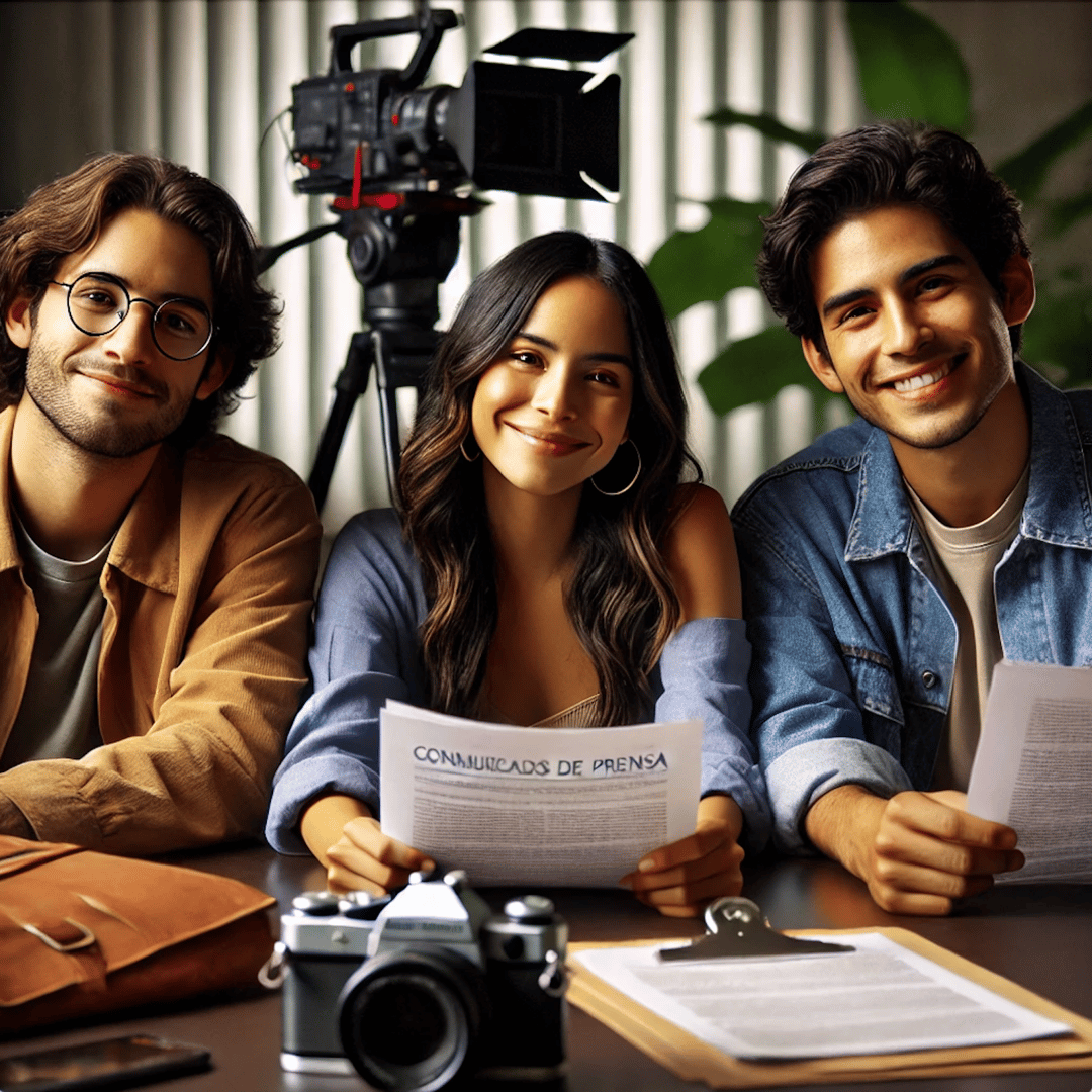 Team analyzing press release and video script in a professional recording studio