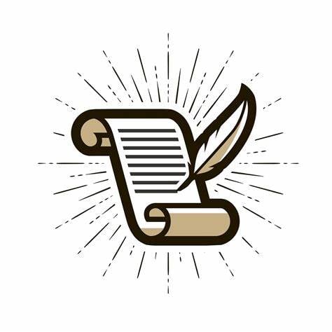 Illustration of a scroll with writing and a quill pen, surrounded by radiating lines, symbolizing writing or literature.