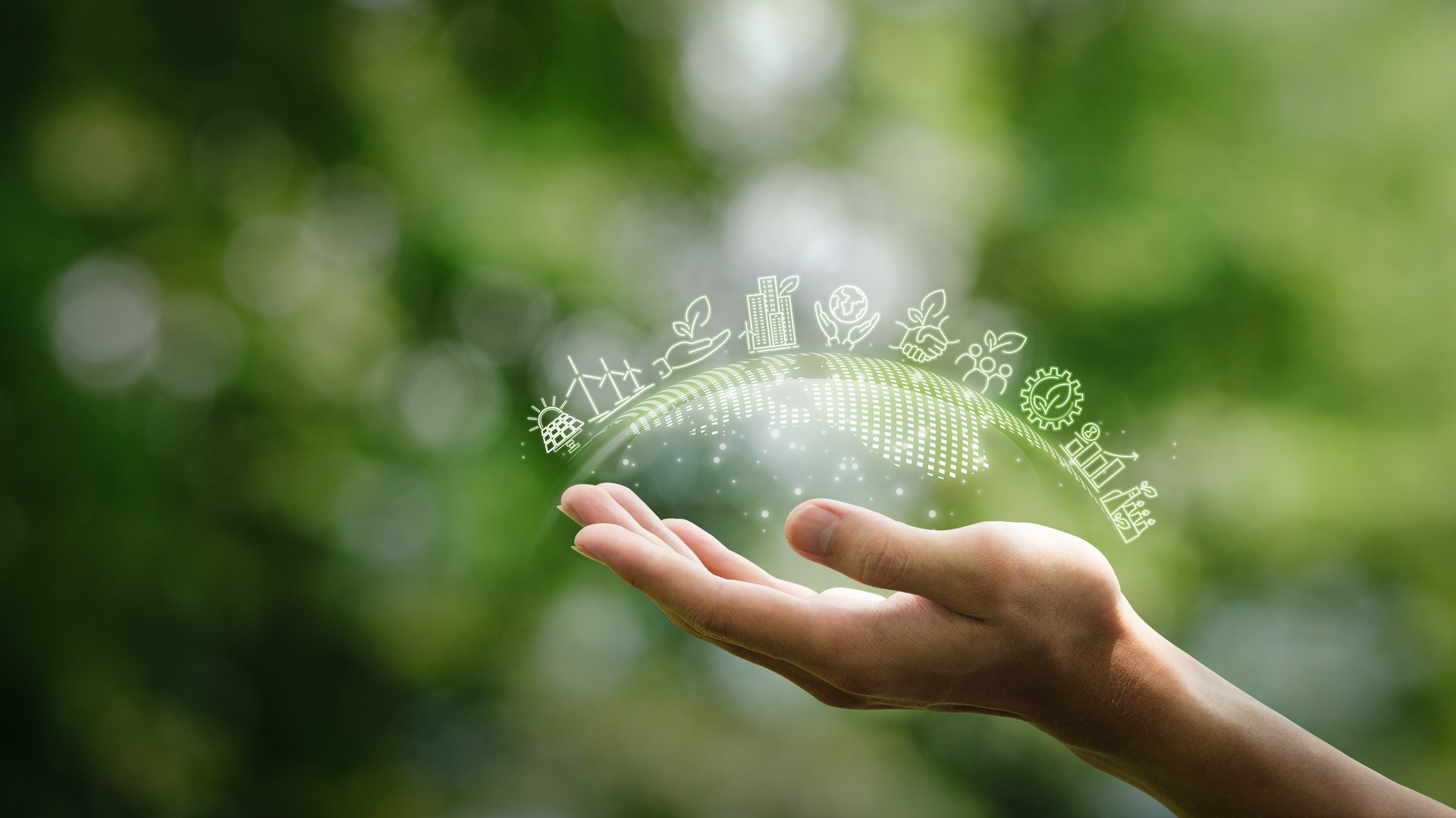 Illustration for environment, business or green investment concept. Virtual screen with icons on green background for advertisement or web banner. Space for text.