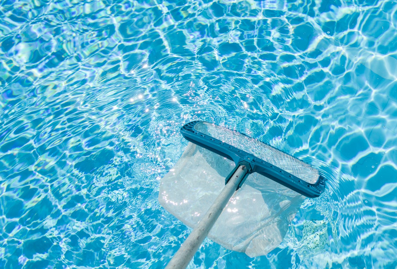 Worker cleaning surface of pool with scoop net. Collecting dirt and debris floating on the surface