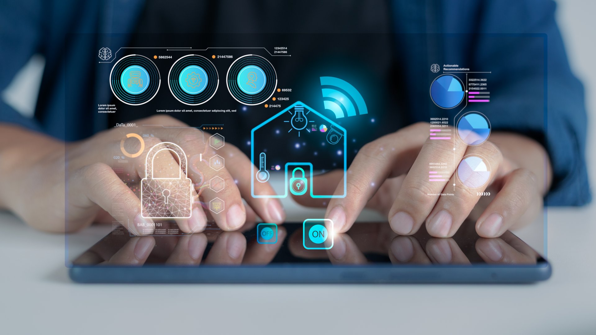 Person using tablet to control smart home lighting and monitor security system. Concept of IoT, home automation, and wireless technology in modern lifestyle.