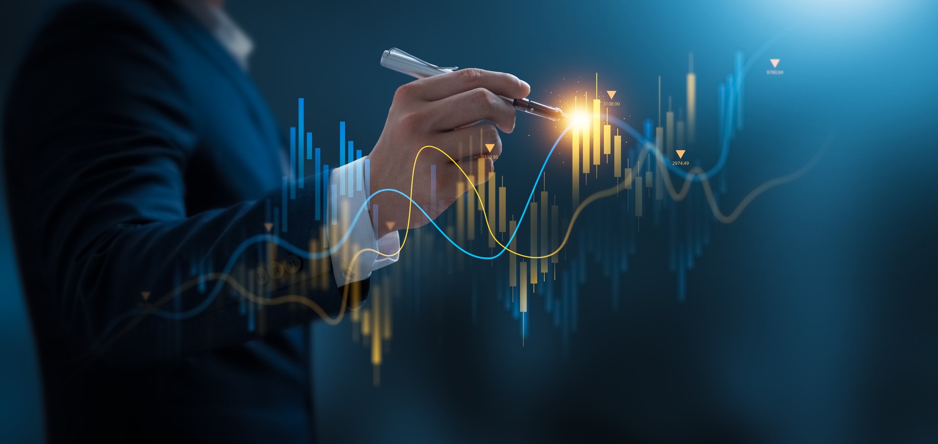 Businessman using pen touch candle chart financial growth of business and world economy. Stock market price increase. Stock market investment analysis, financial risk management and investment.
