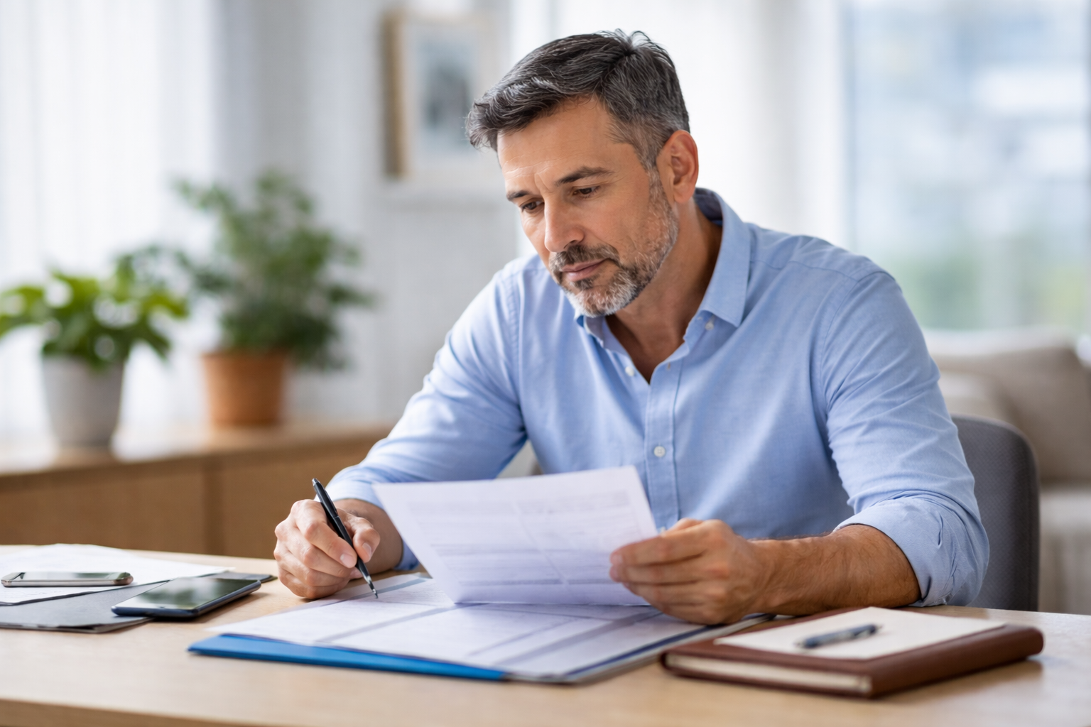 Persona adulta revisando documentos con atención en un entorno hogareño