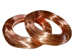 Two rolls of shiny copper wire coiled in circles, placed next to each other on a white background.