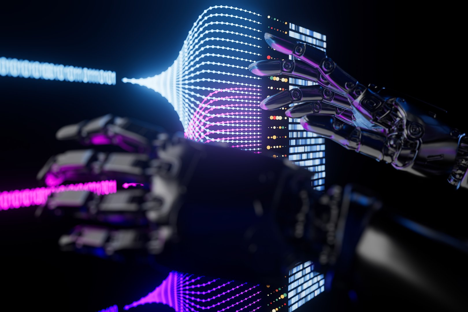 Android using laptop with glowing lines and nodes, symbolizing artificial intelligence research..