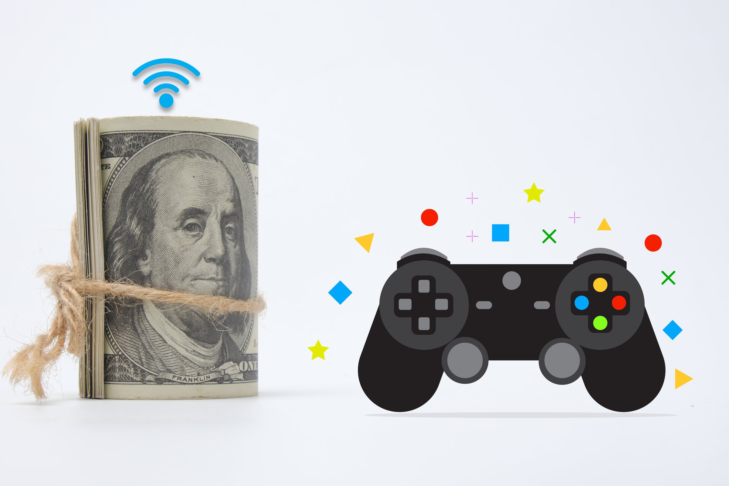 A picture of fake cash and game controller illustration with shape insight. Be a e sport player and money game concept.