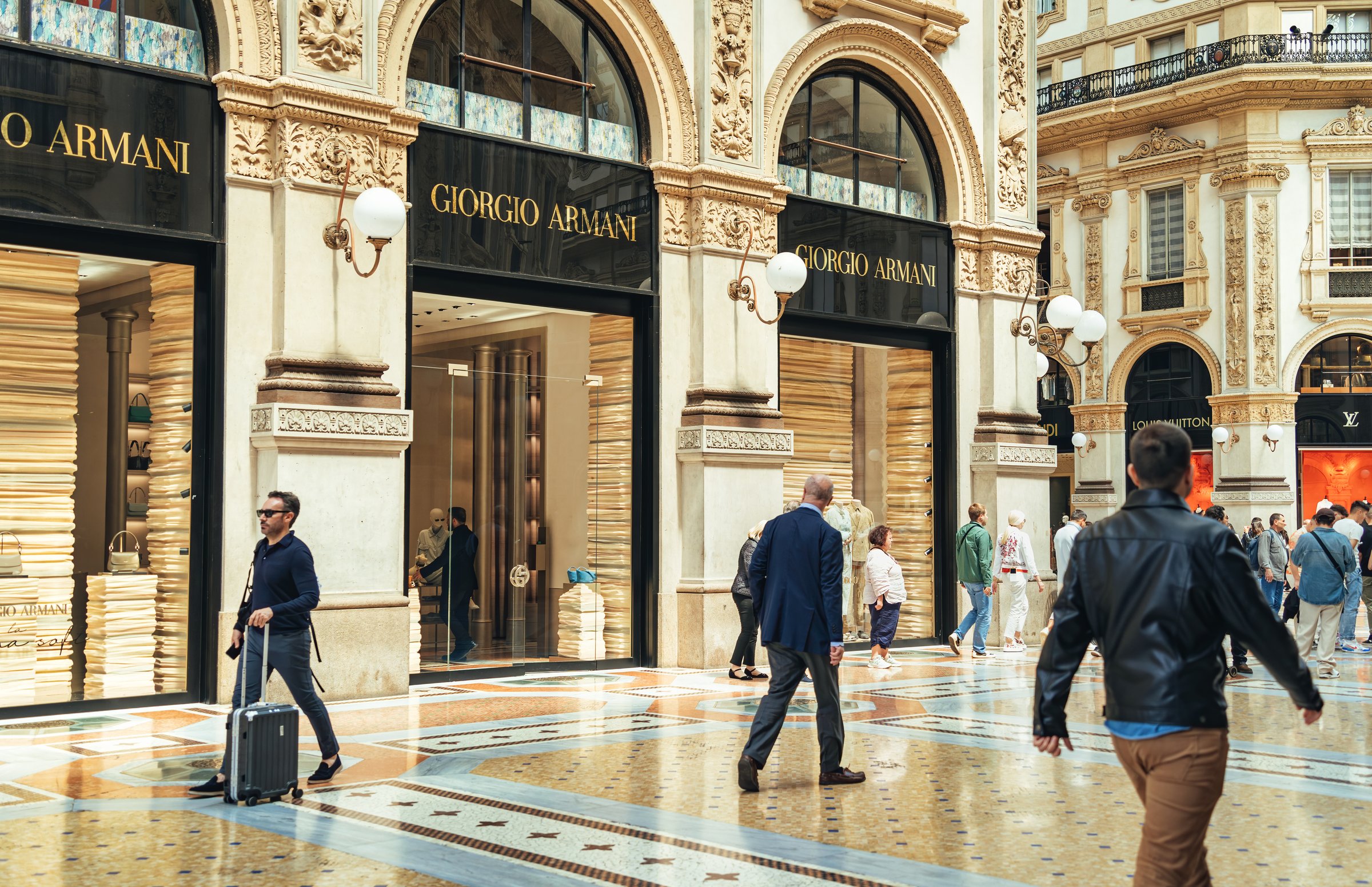 Milan, Italy - May 14, 2024: Giorgio Armani storefront in the opulent Galleria Vittorio Emanuele II in Milan,