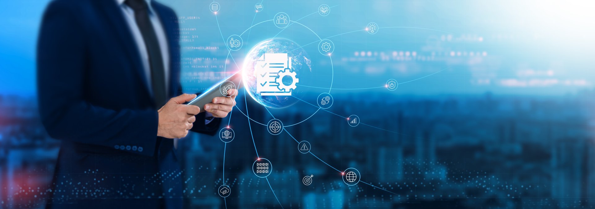 Project Management: Coordination, businessman uses tablet and synchronizes with structure of workflow on network for working in the futuristic business, organization, efficiency.