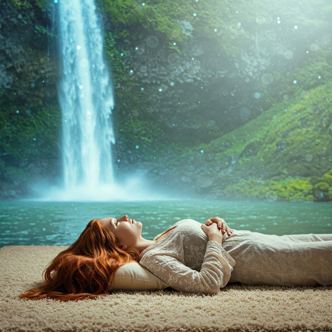 Woman in a white dress lying on a rug near a tranquil waterfall and pool, surrounded by lush greenery.