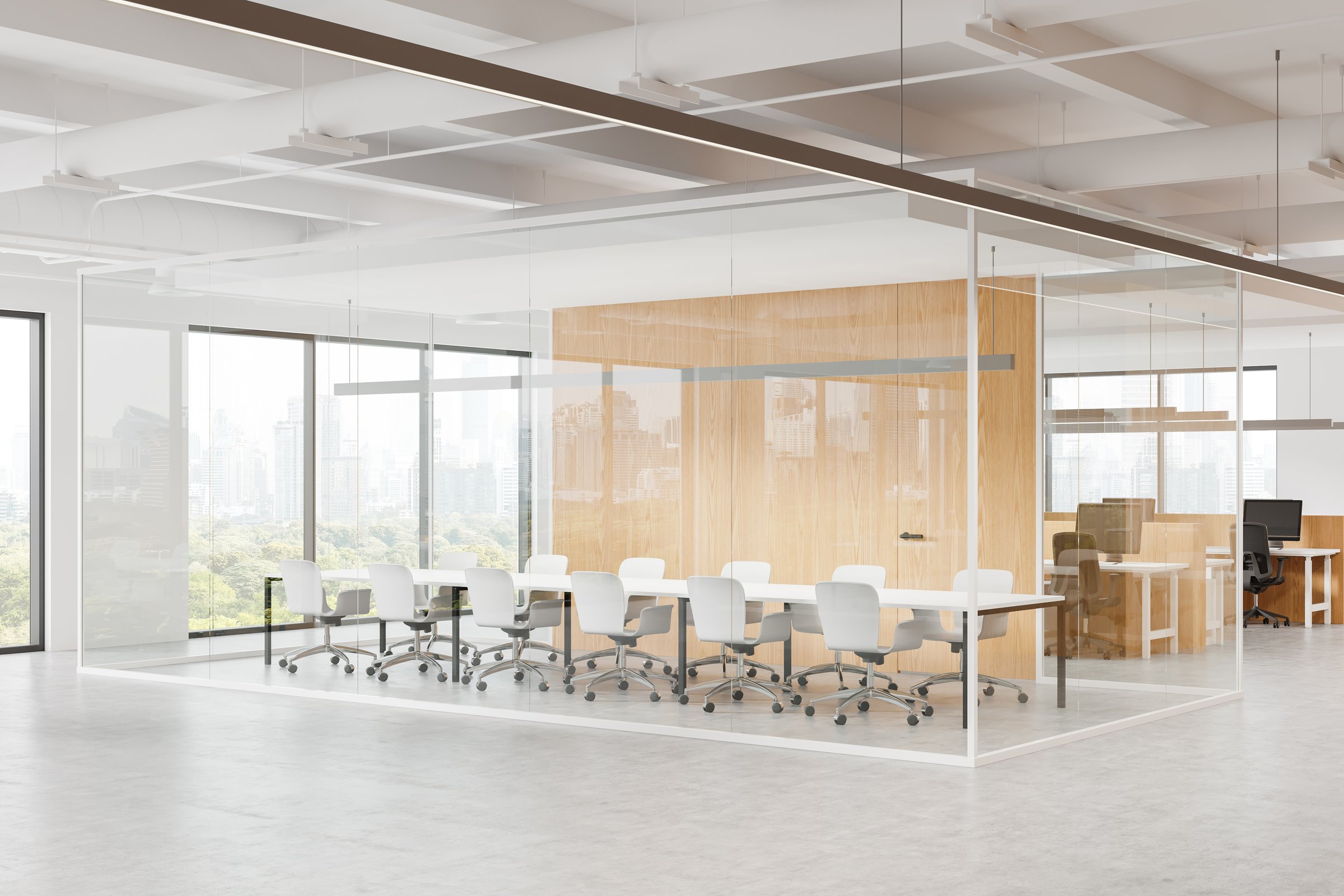 Modern open space office interior with glass-walled conference room, white chairs, and wooden accents. Floor-to-ceiling windows with a city view. Concept of coworking. 3D Rendering.