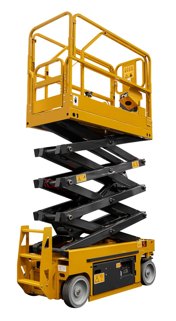 Yellow hydraulic scissor lift isolated on white background with clipping path