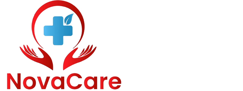 Logo of NovaCare featuring two red hands supporting a blue medical cross with a leaf, symbolizing care and health.