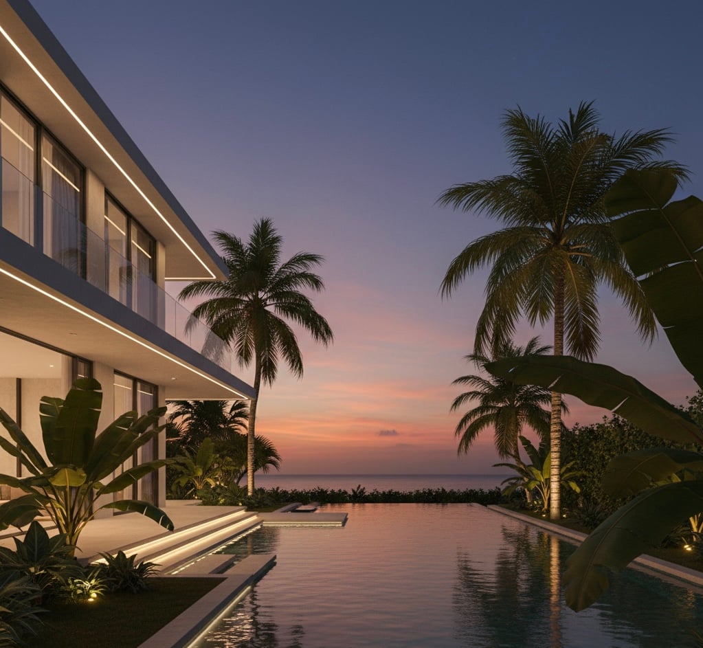 Villa exterior with warm LED lighting at night