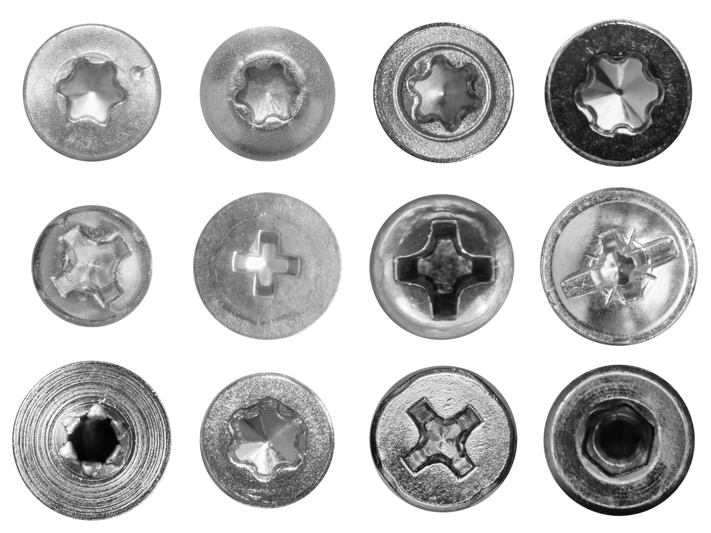 Different types of screw heads are displayed on a white background, creating a visually appealing arrangement