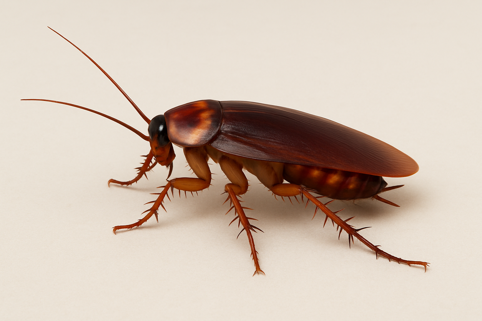 Close-up of a brown cockroach on a neutral background, showcasing its antennae, legs, and glossy wings.