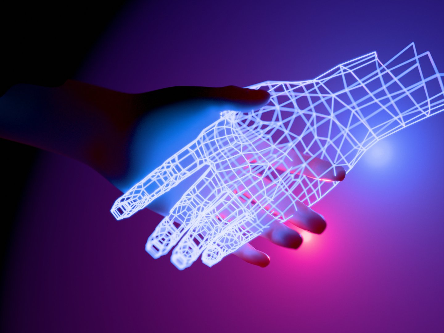 Shaking hands with artificial intelligence entity. Digital 3D render.