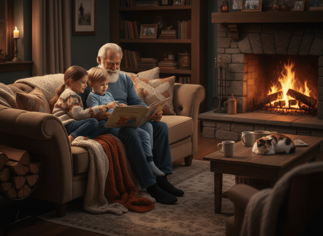 Grandfather with children creating stories together
