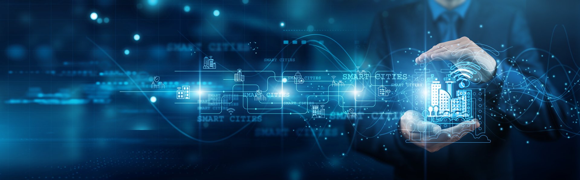 Urban planner hands holding infrastructure smart cities network connections sensors mobility data analytics