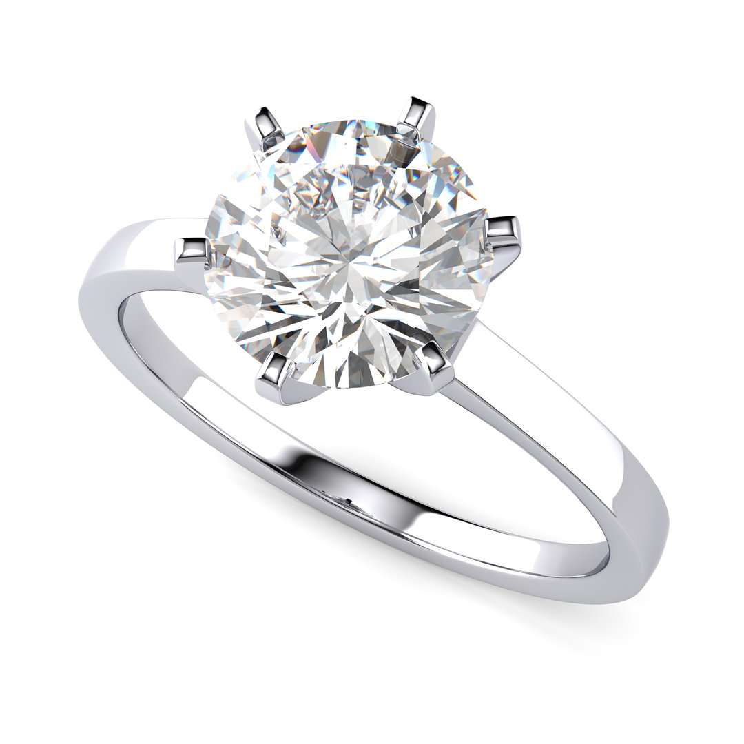 Diamond engagement ring with a 2 carat round brilliant cut main stone in six claw setting, standing on white background. Soft box photo style.